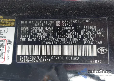 2007 Toyota Camry Xle V6 z USA, uszkodzony, nr VIN 4T1BK46K87U524465